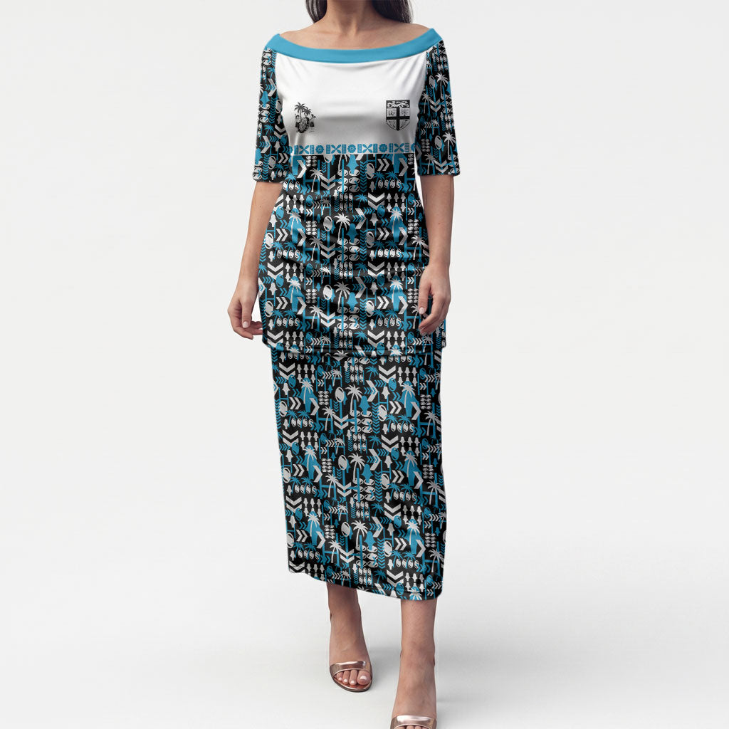 Fiji Bati Puletasi Bati Island Warrior Geometry LT9 Long Dress Blue - Polynesian Pride