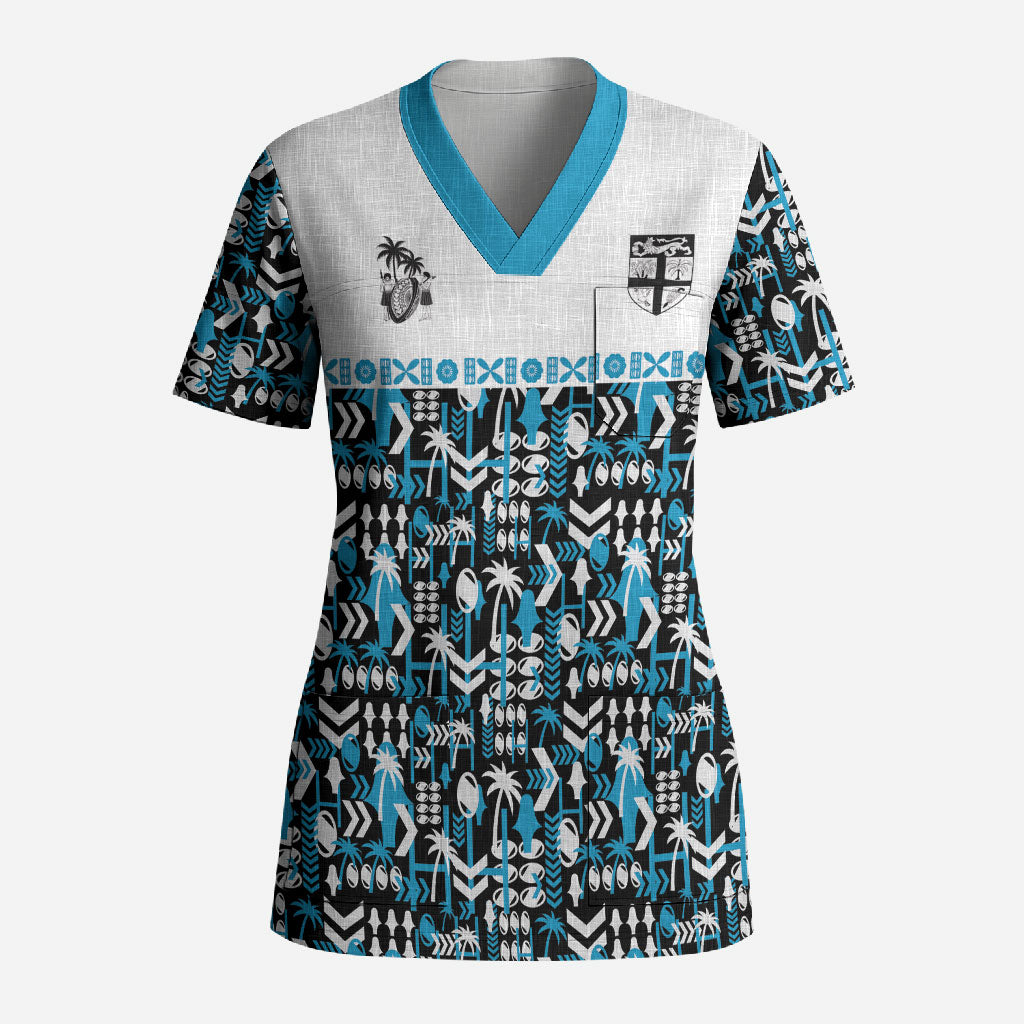 Fiji Bati Scrub Top Bati Island Warrior Geometry LT9 Adult Blue - Polynesian Pride