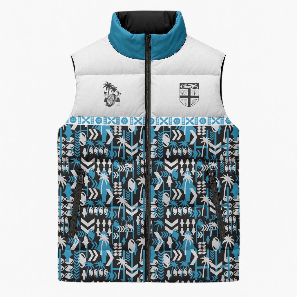 Fiji Bati Sleeveless Puffer Jacket Bati Island Warrior Geometry LT9 Unisex Blue - Polynesian Pride