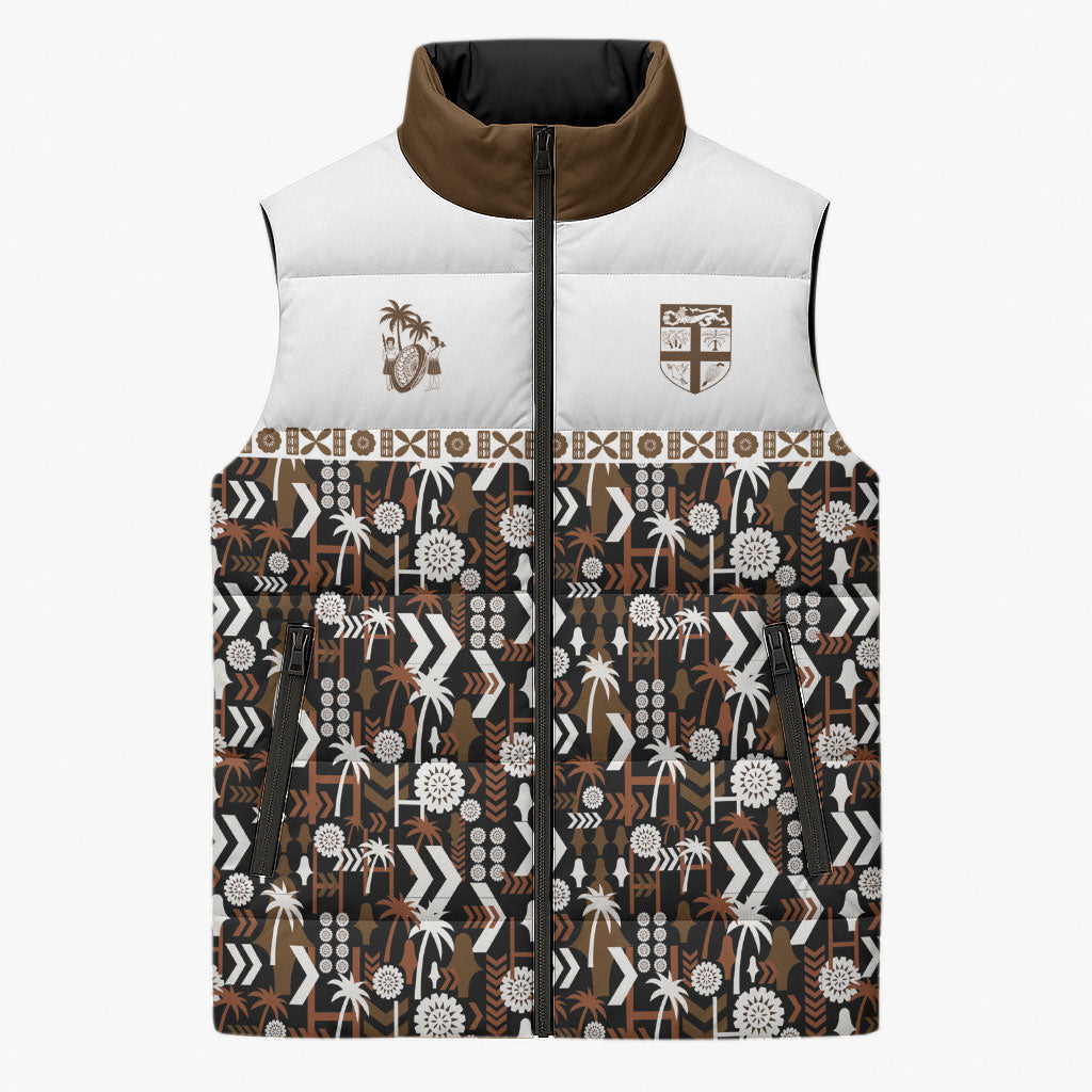 Fiji Bati Sleeveless Puffer Jacket Masi-inspired Tapa Pattern LT9 Unisex Brown - Polynesian Pride
