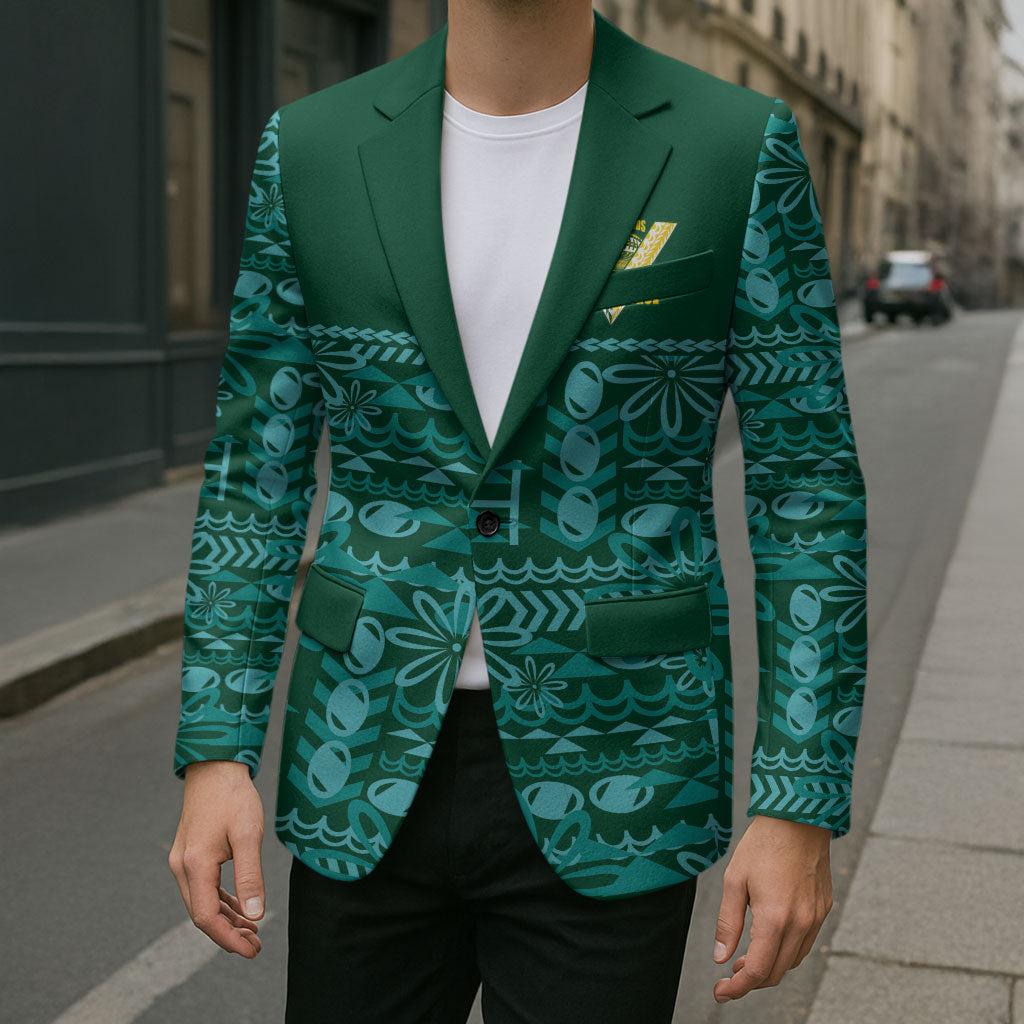 Cook Islands Island Floral Blazer Teal Traditional Kuki's Geometric Pattern LT9 - Polynesian Pride