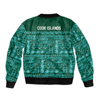 Cook Islands Island Floral Bomber Jacket Teal Traditional Kuki's Geometric Pattern LT9 - Polynesian Pride