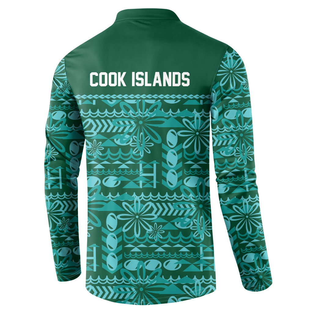 Cook Islands Island Floral Button Sweatshirt Teal Traditional Kuki's Geometric Pattern LT9 - Polynesian Pride