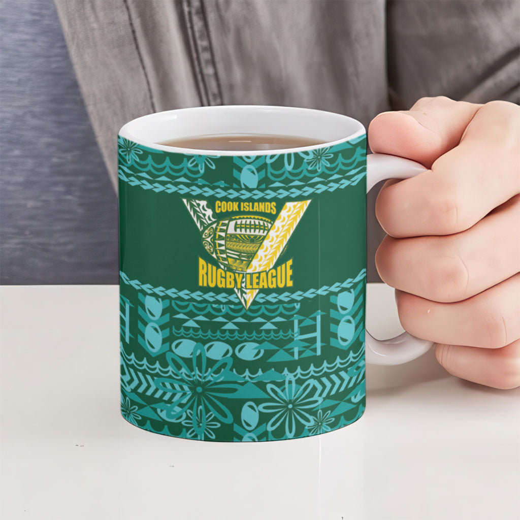 Cook Islands Island Floral Ceramic Mug Teal Traditional Kuki's Geometric Pattern LT9 - Polynesian Pride