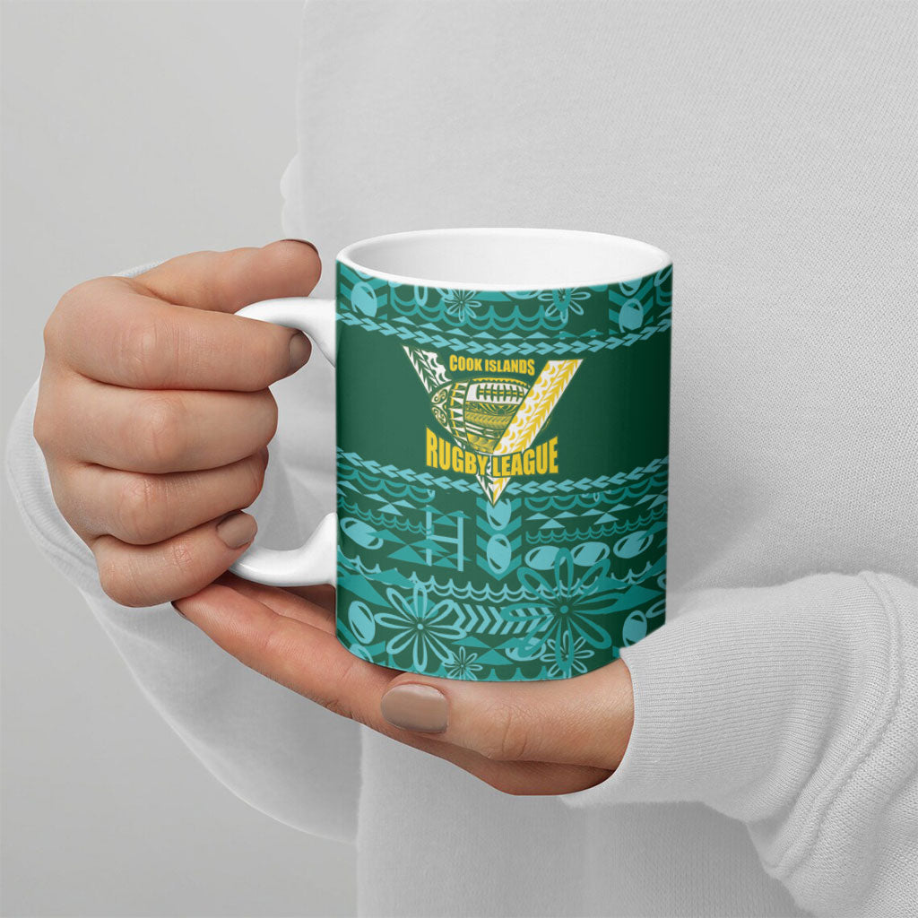 Cook Islands Island Floral Ceramic Mug Teal Traditional Kuki's Geometric Pattern LT9 - Polynesian Pride
