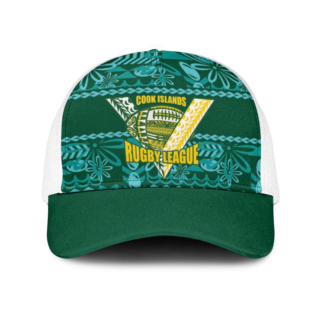 Cook Islands Island Floral Mesh Trucker Cap Teal Traditional Kuki's Geometric Pattern LT9 One Size White Teal - Polynesian Pride