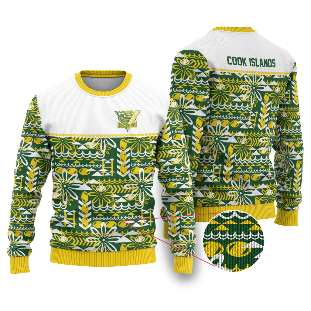Cook Islands Island Floral Ugly Christmas Sweater Green Traditional Kuki's Geometric Pattern LT9 Green - Polynesian Pride