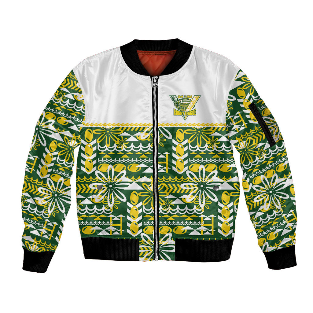 Cook Islands Island Floral Sleeve Zip Bomber Jacket Green Traditional Kuki's Geometric Pattern LT9 Unisex Green - Polynesian Pride