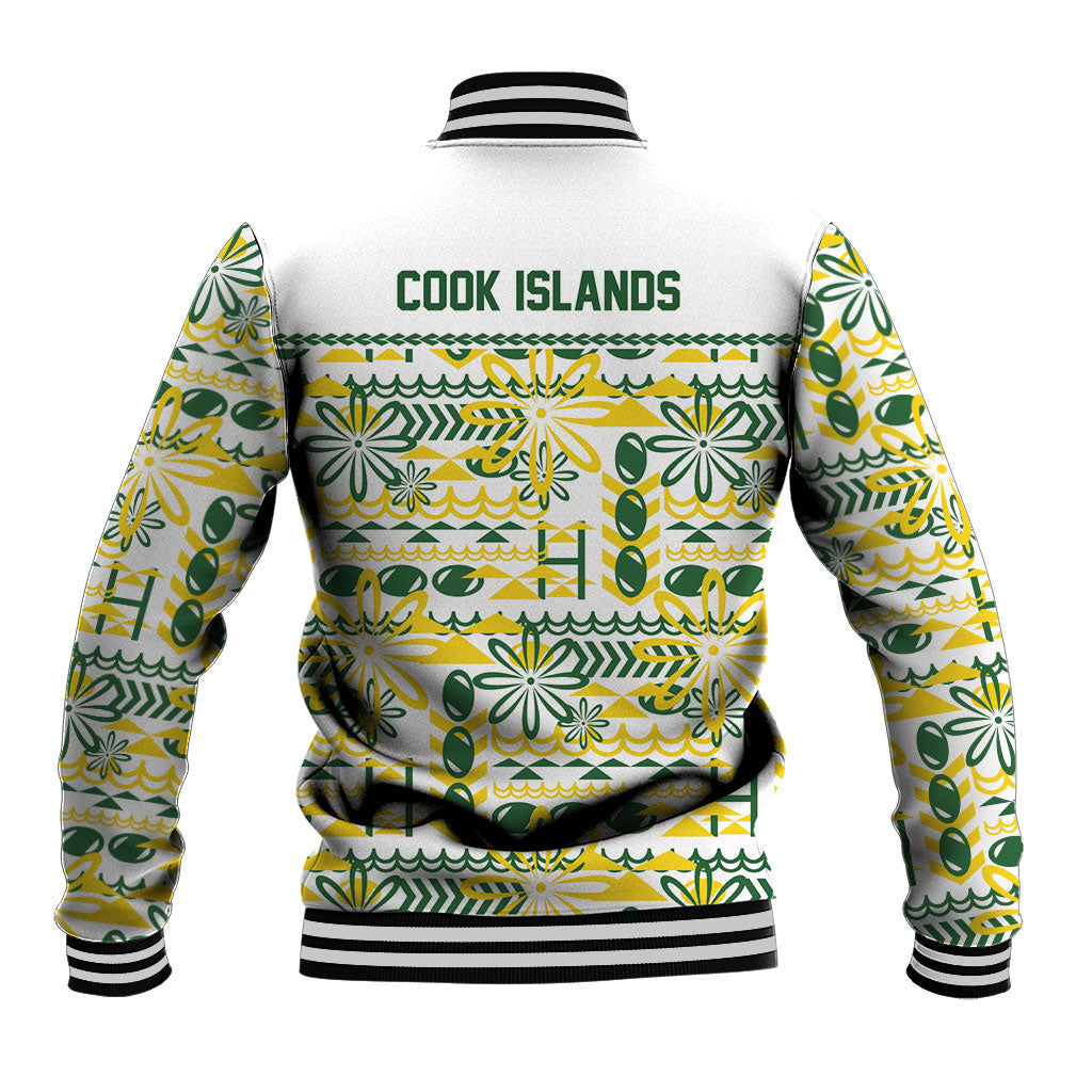 Cook Islands Island Floral Baseball Jacket White Traditional Kuki's Geometric Pattern LT9 - Polynesian Pride