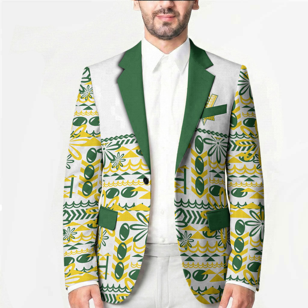 Cook Islands Island Floral Blazer White Traditional Kuki's Geometric Pattern LT9 - Polynesian Pride