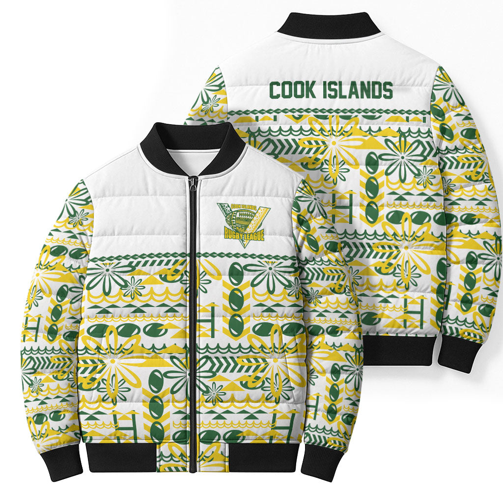 Cook Islands Island Floral Bomber Puffer Jacket White Traditional Kuki's Geometric Pattern LT9 - Polynesian Pride