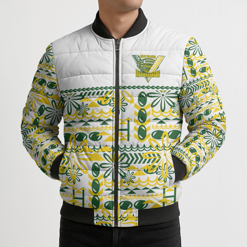 Cook Islands Island Floral Bomber Puffer Jacket White Traditional Kuki's Geometric Pattern LT9 - Polynesian Pride