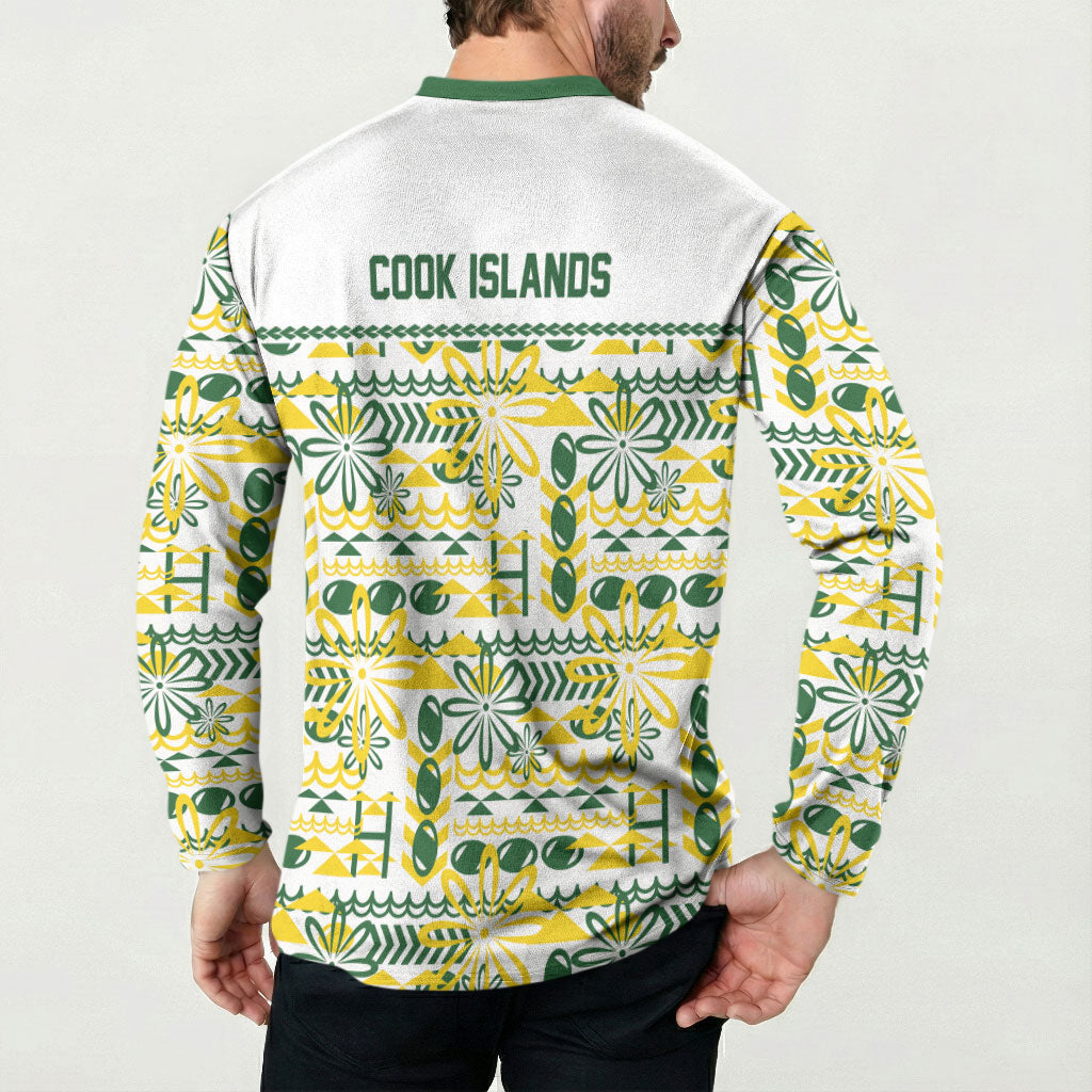 Cook Islands Island Floral Button Sweatshirt White Traditional Kuki's Geometric Pattern LT9 - Polynesian Pride