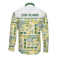 Cook Islands Island Floral Long Sleeve Button Shirt White Traditional Kuki's Geometric Pattern LT9 - Polynesian Pride