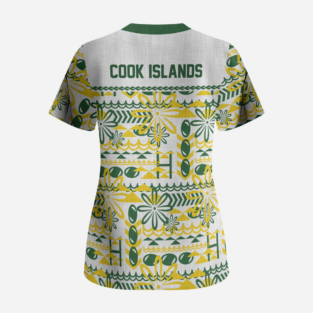 Cook Islands Island Floral Scrub Top White Traditional Kuki's Geometric Pattern LT9 - Polynesian Pride