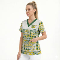 Cook Islands Island Floral Scrub Top White Traditional Kuki's Geometric Pattern LT9 - Polynesian Pride