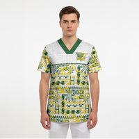 Cook Islands Island Floral Scrub Top White Traditional Kuki's Geometric Pattern LT9 - Polynesian Pride