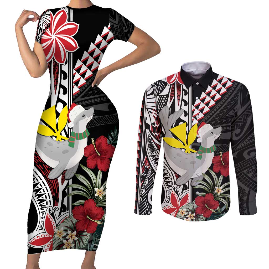 Hawaii Monk Seal Santa Couples Matching Short Sleeve Bodycon Dress and Long Sleeve Button Shirt Hibiscus Kakau Pattern Mele Kalikimaka LT9 Black - Polynesian Pride