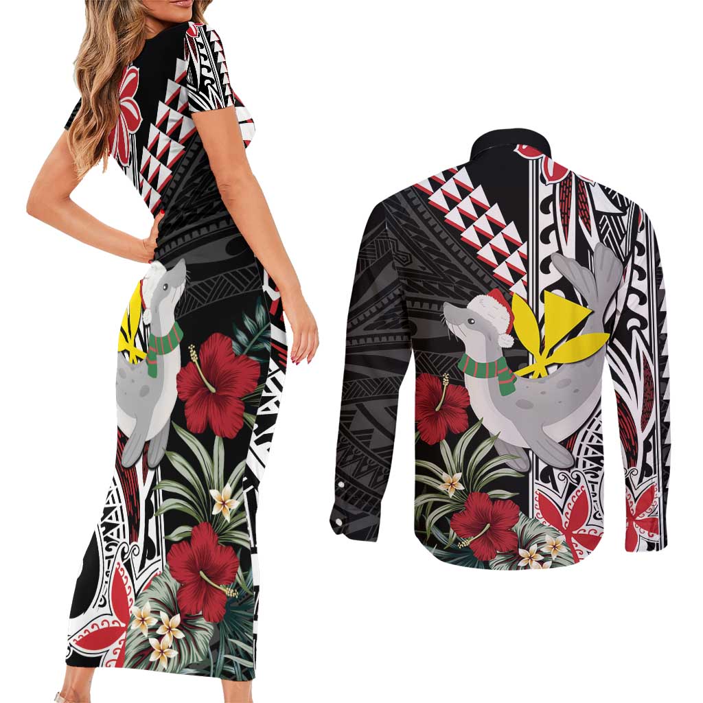 Hawaii Monk Seal Santa Couples Matching Short Sleeve Bodycon Dress and Long Sleeve Button Shirt Hibiscus Kakau Pattern Mele Kalikimaka LT9 - Polynesian Pride