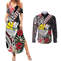 Hawaii Monk Seal Santa Couples Matching Summer Maxi Dress and Long Sleeve Button Shirt Hibiscus Kakau Pattern Mele Kalikimaka LT9 Black - Polynesian Pride