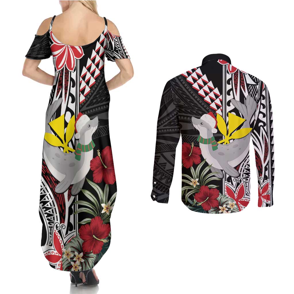 Hawaii Monk Seal Santa Couples Matching Summer Maxi Dress and Long Sleeve Button Shirt Hibiscus Kakau Pattern Mele Kalikimaka LT9 - Polynesian Pride