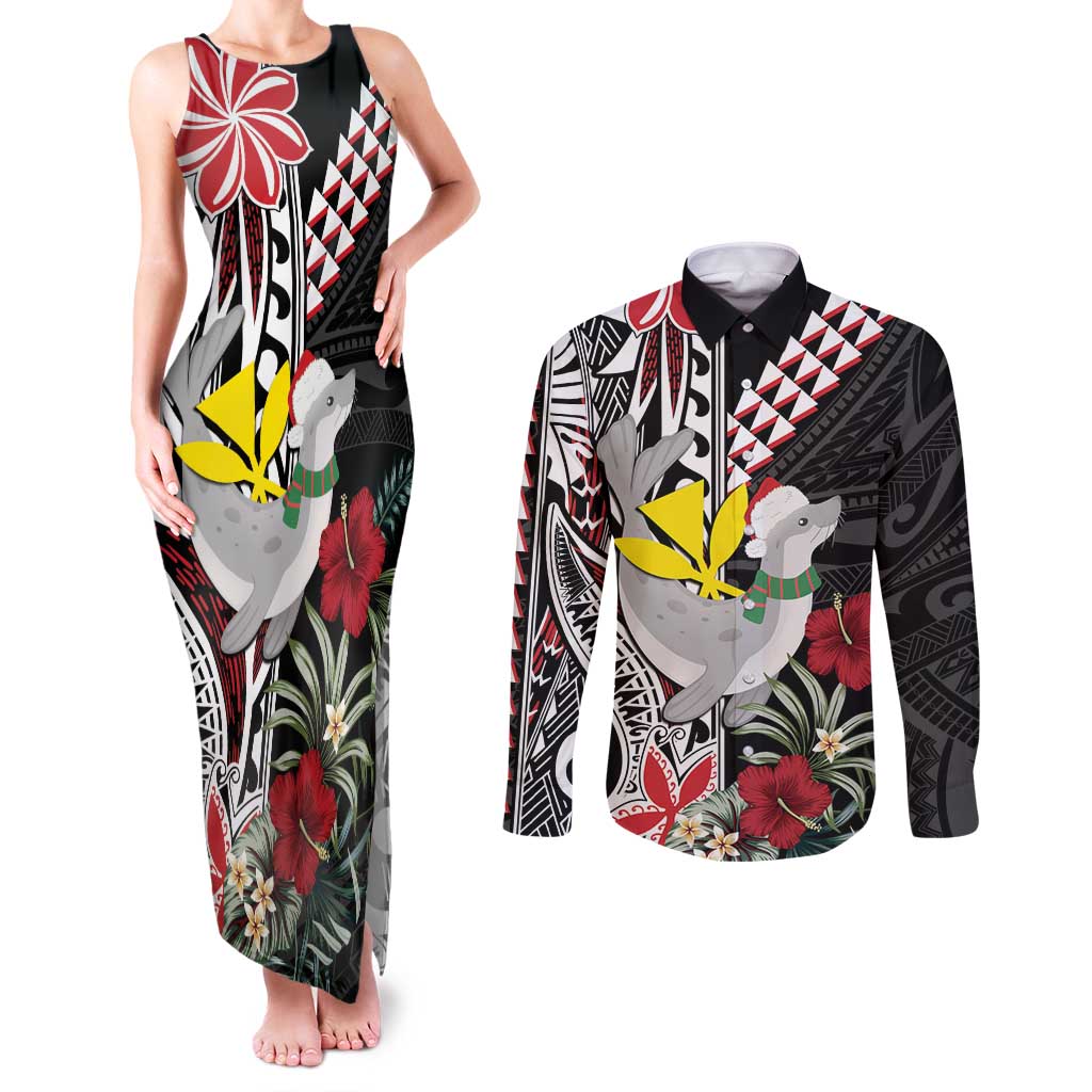 Hawaii Monk Seal Santa Couples Matching Tank Maxi Dress and Long Sleeve Button Shirt Hibiscus Kakau Pattern Mele Kalikimaka LT9 Black - Polynesian Pride