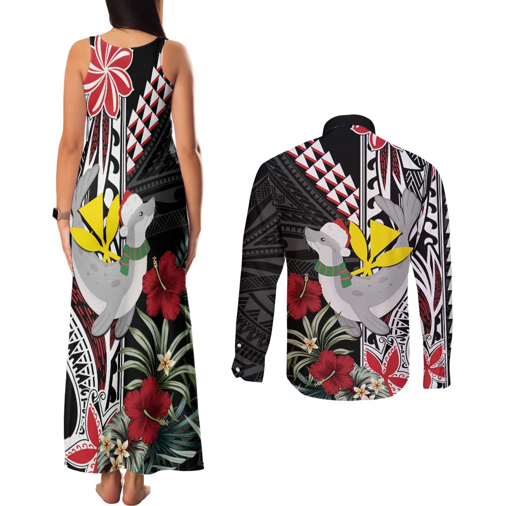 Hawaii Monk Seal Santa Couples Matching Tank Maxi Dress and Long Sleeve Button Shirt Hibiscus Kakau Pattern Mele Kalikimaka LT9 - Polynesian Pride