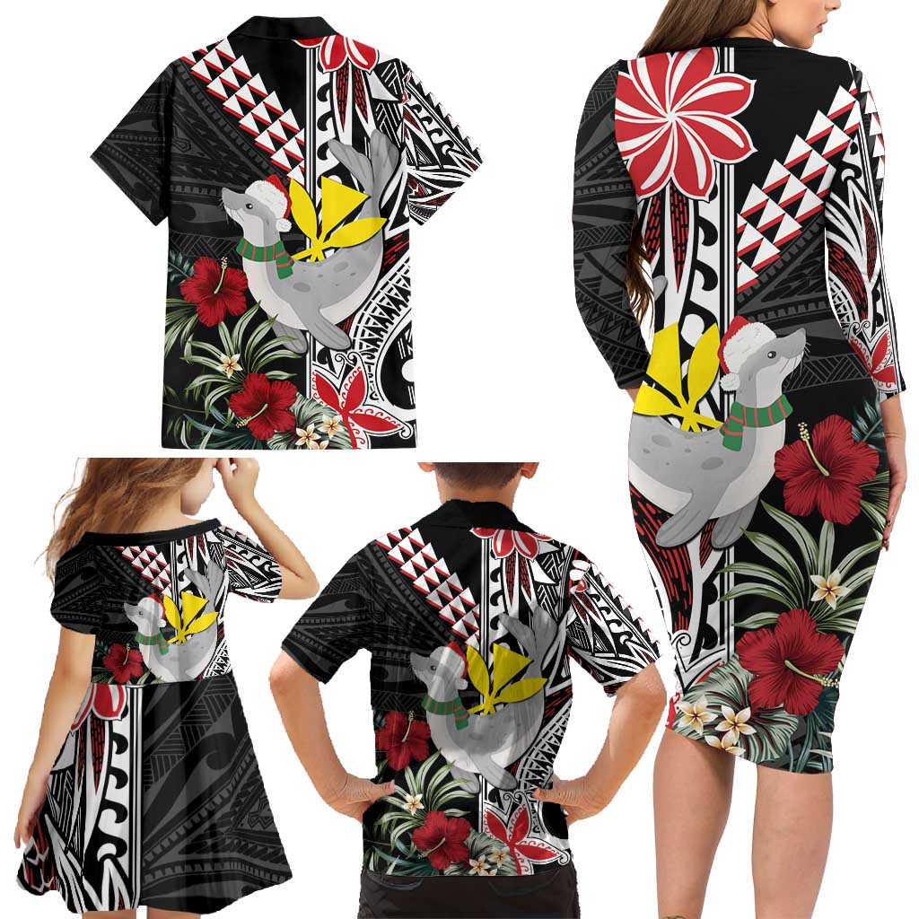 Hawaii Monk Seal Santa Family Matching Long Sleeve Bodycon Dress and Hawaiian Shirt Hibiscus Kakau Pattern Mele Kalikimaka