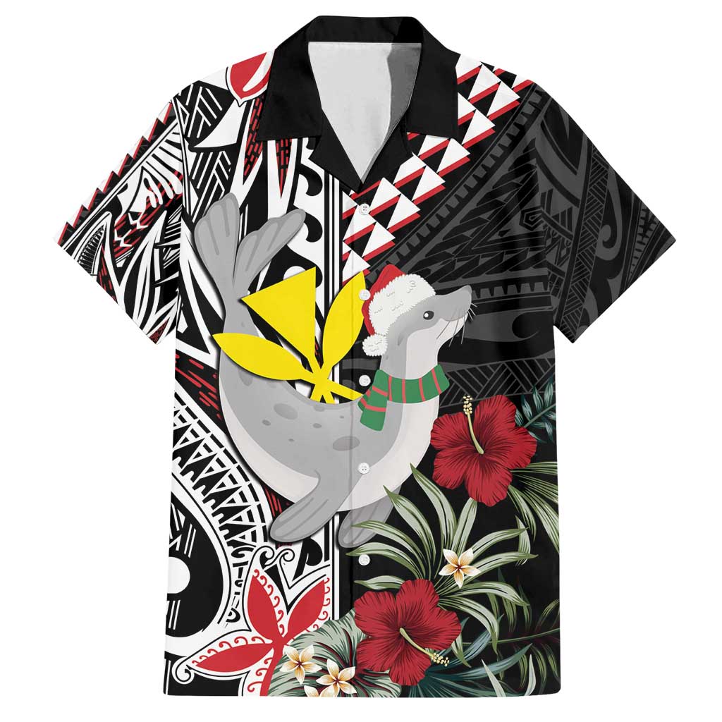 Hawaii Monk Seal Santa Family Matching Long Sleeve Bodycon Dress and Hawaiian Shirt Hibiscus Kakau Pattern Mele Kalikimaka