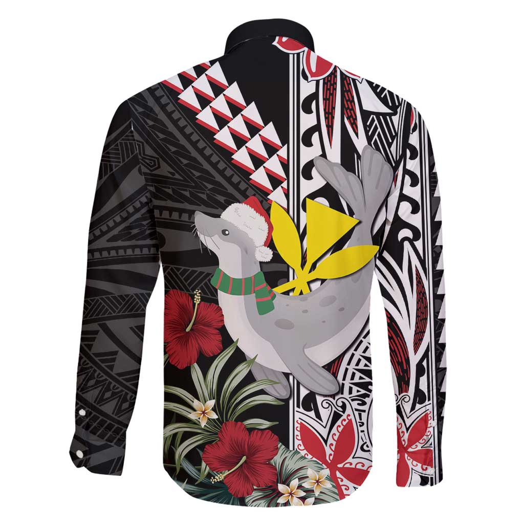 Hawaii Monk Seal Santa Family Matching Long Sleeve Bodycon Dress and Hawaiian Shirt Hibiscus Kakau Pattern Mele Kalikimaka