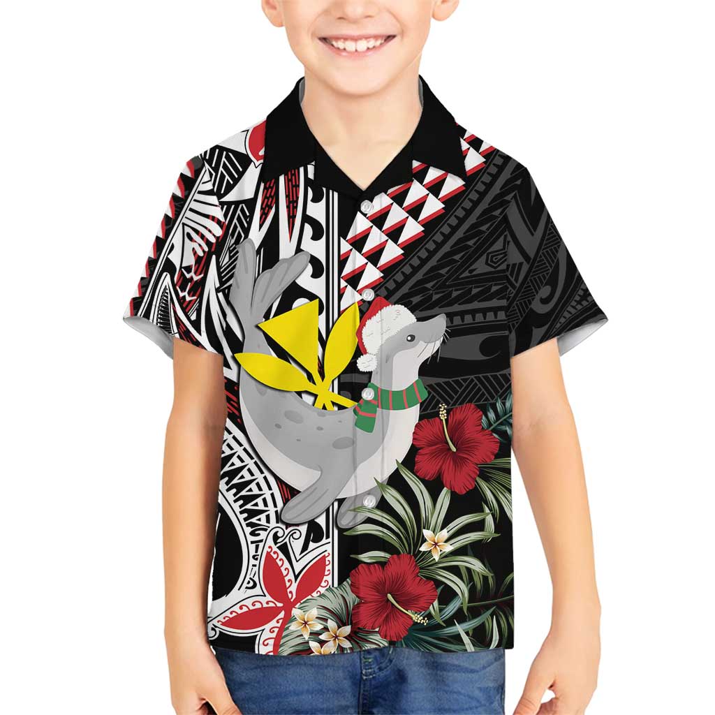 Hawaii Monk Seal Santa Family Matching Long Sleeve Bodycon Dress and Hawaiian Shirt Hibiscus Kakau Pattern Mele Kalikimaka