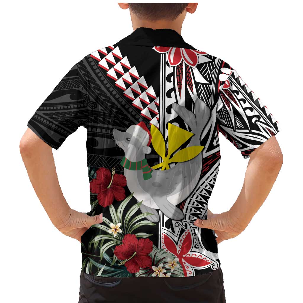 Hawaii Monk Seal Santa Family Matching Mermaid Dress and Hawaiian Shirt Hibiscus Kakau Pattern Mele Kalikimaka