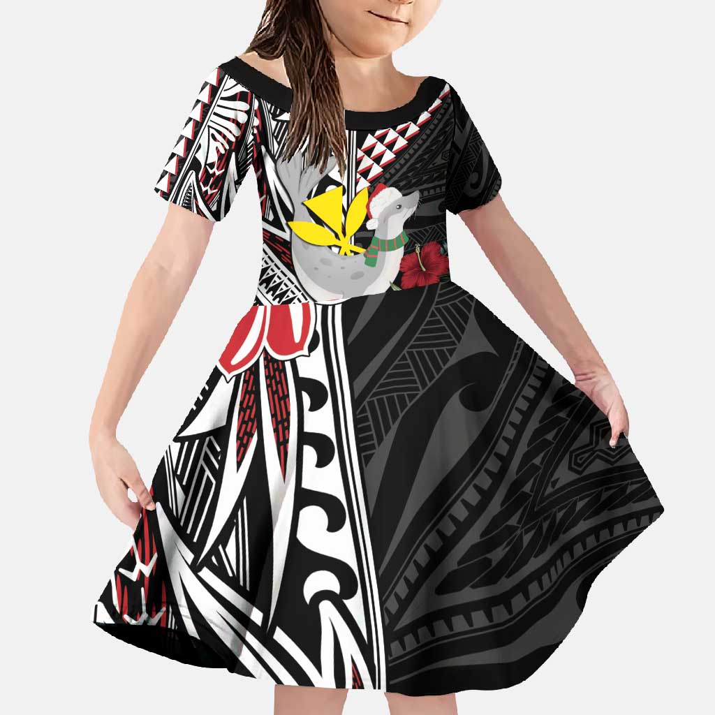 Hawaii Monk Seal Santa Family Matching Mermaid Dress and Hawaiian Shirt Hibiscus Kakau Pattern Mele Kalikimaka