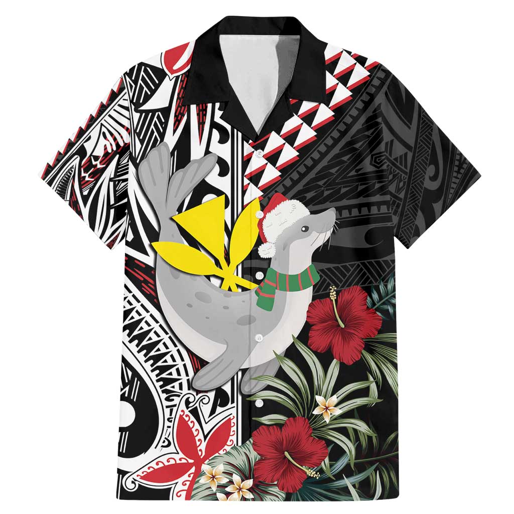 Hawaii Monk Seal Santa Family Matching Mermaid Dress and Hawaiian Shirt Hibiscus Kakau Pattern Mele Kalikimaka