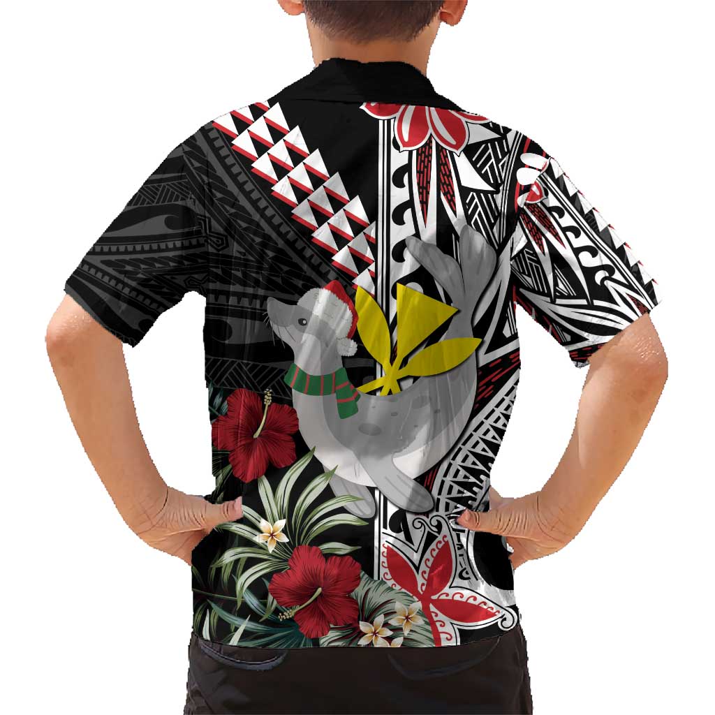 Hawaii Monk Seal Santa Kid Hawaiian Shirt Hibiscus Kakau Pattern Mele Kalikimaka LT9 - Polynesian Pride