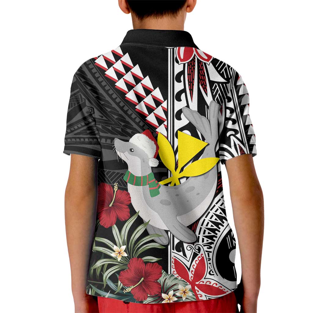 Hawaii Monk Seal Santa Kid Polo Shirt Hibiscus Kakau Pattern Mele Kalikimaka