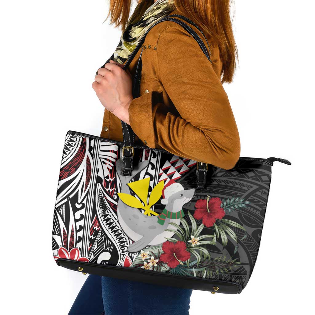 Hawaii Monk Seal Santa Leather Tote Bag Hibiscus Kakau Pattern Mele Kalikimaka LT9 Black - Polynesian Pride