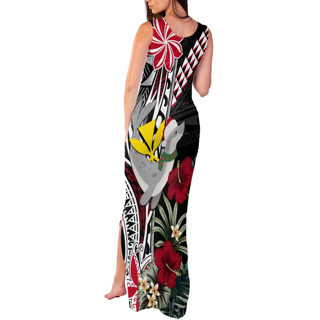 Hawaii Monk Seal Santa Tank Maxi Dress Hibiscus Kakau Pattern Mele Kalikimaka