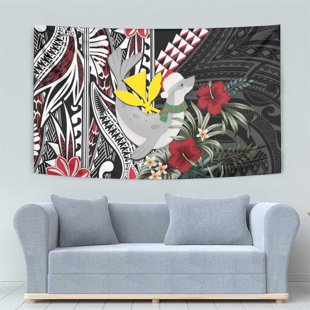 Hawaii Monk Seal Santa Tapestry Hibiscus Kakau Pattern Mele Kalikimaka LT9 - Polynesian Pride