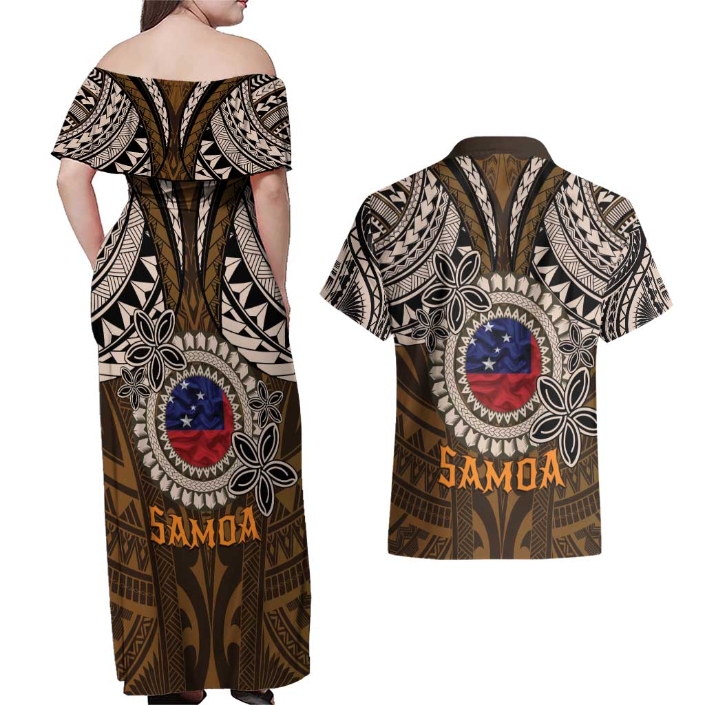 Samoa Warrior Couples Matching Off Shoulder Maxi Dress and Hawaiian Shirt The Mighty Samoan Warrior Spirit