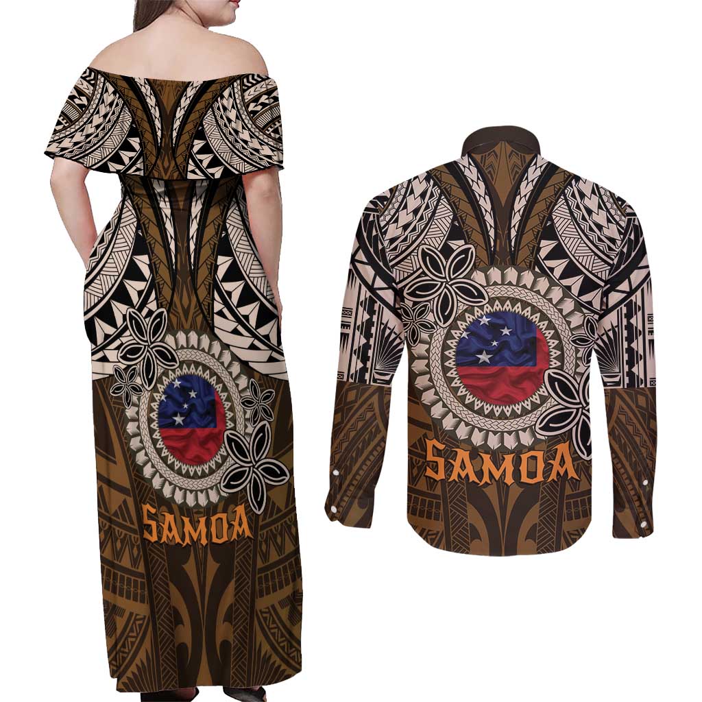 Samoa Warrior Couples Matching Off Shoulder Maxi Dress and Long Sleeve Button Shirt The Mighty Samoan Warrior Spirit