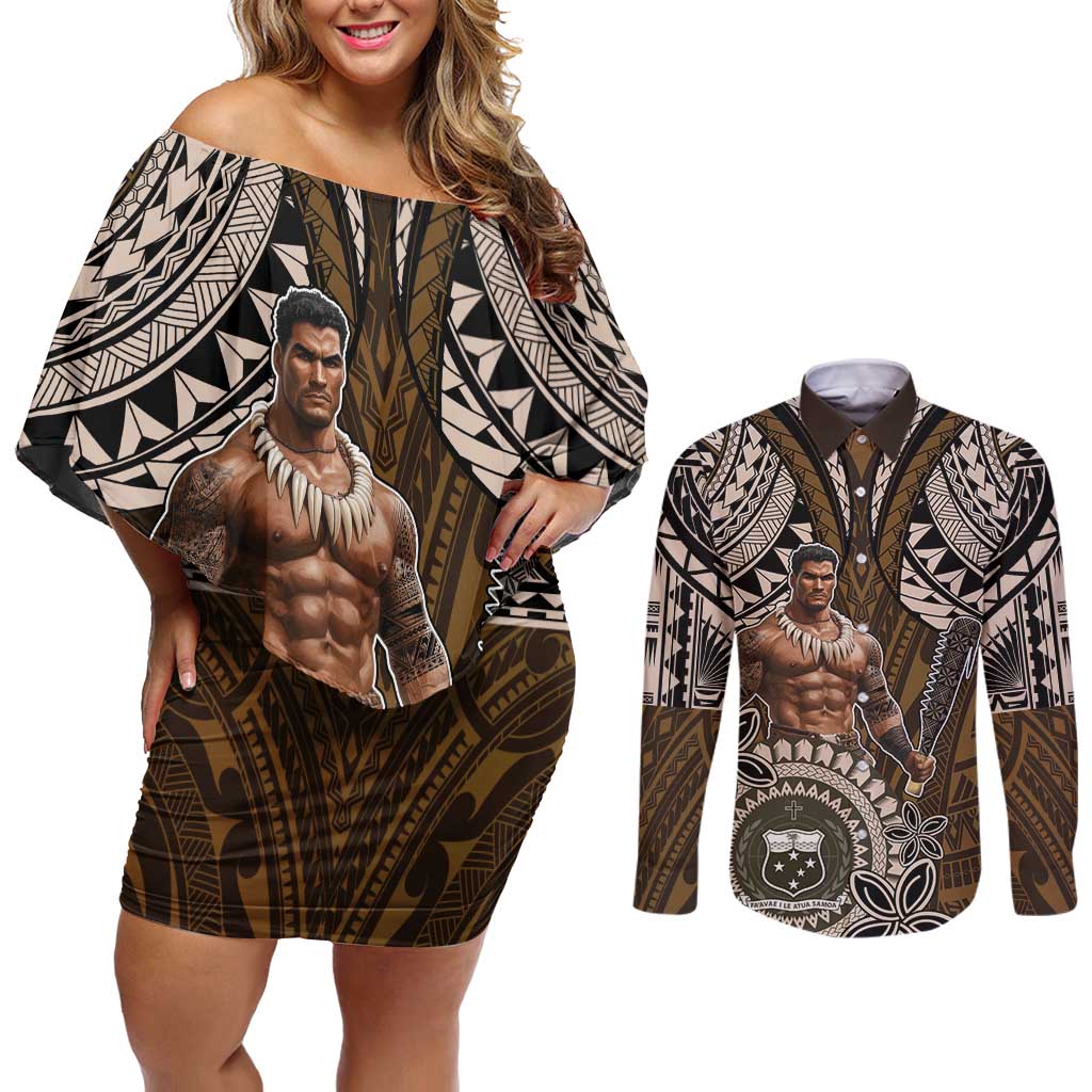 Samoa Warrior Couples Matching Off Shoulder Short Dress and Long Sleeve Button Shirt The Mighty Samoan Warrior Spirit