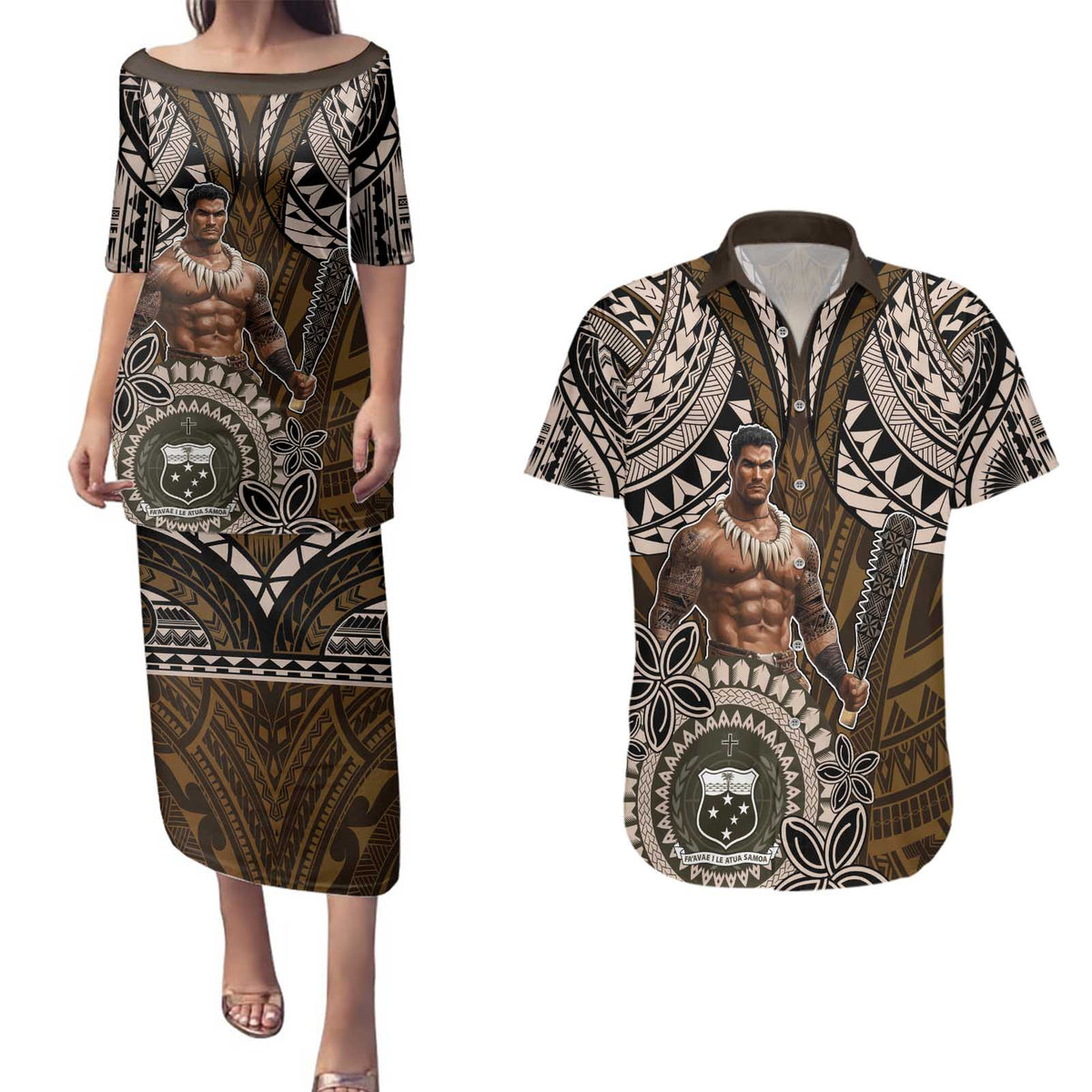 Samoa Warrior Couples Matching Puletasi and Hawaiian Shirt The Mighty Samoan Warrior Spirit