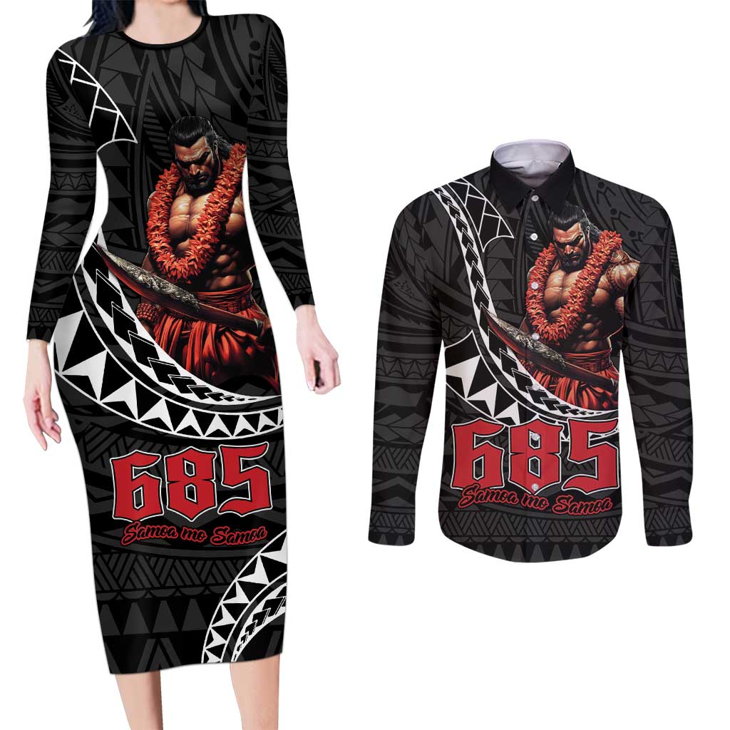 Samoan Pride Polynesian Tribal Warrior Couples Matching Long Sleeve Bodycon Dress and Long Sleeve Button Shirt 685 Samoa Mo Samoa