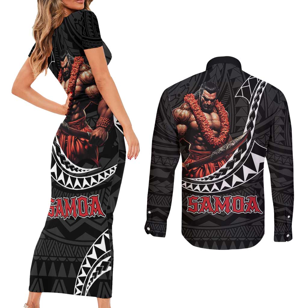 Samoan Pride Polynesian Tribal Warrior Couples Matching Short Sleeve Bodycon Dress and Long Sleeve Button Shirt 685 Samoa Mo Samoa