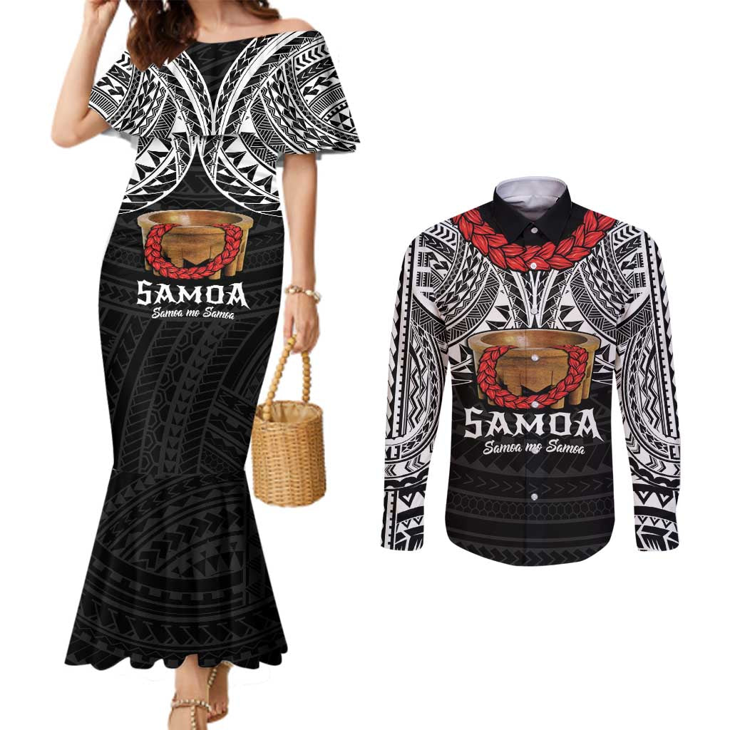Samoan Tanoa Kava Bowl Ula Fala Couples Matching Mermaid Dress and Long Sleeve Button Shirt Polynesian Tribal Vibe