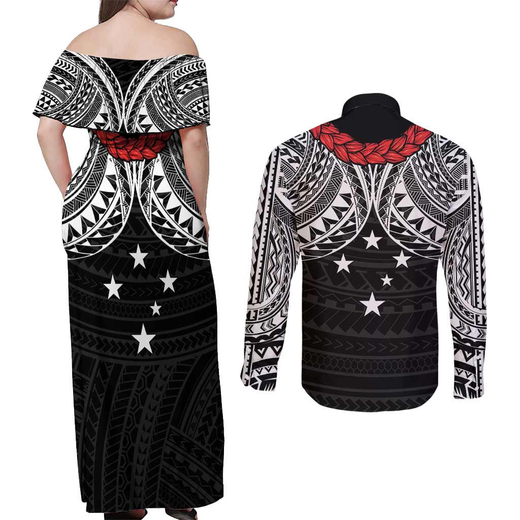 Samoan Tanoa Kava Bowl Ula Fala Couples Matching Off Shoulder Maxi Dress and Long Sleeve Button Shirt Polynesian Tribal Vibe