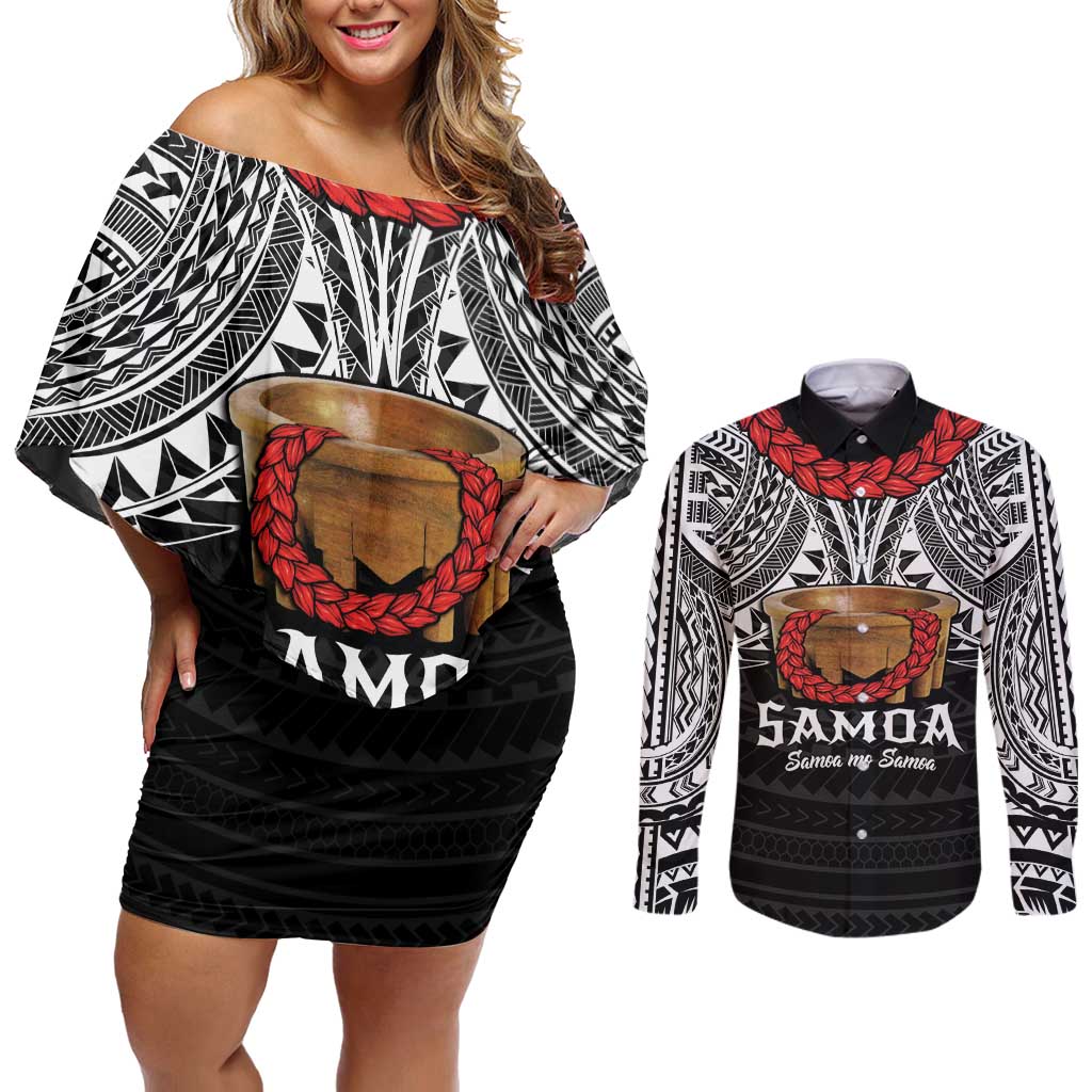 Samoan Tanoa Kava Bowl Ula Fala Couples Matching Off Shoulder Short Dress and Long Sleeve Button Shirt Polynesian Tribal Vibe
