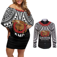 Samoan Tanoa Kava Bowl Ula Fala Couples Matching Off Shoulder Short Dress and Long Sleeve Button Shirt Polynesian Tribal Vibe