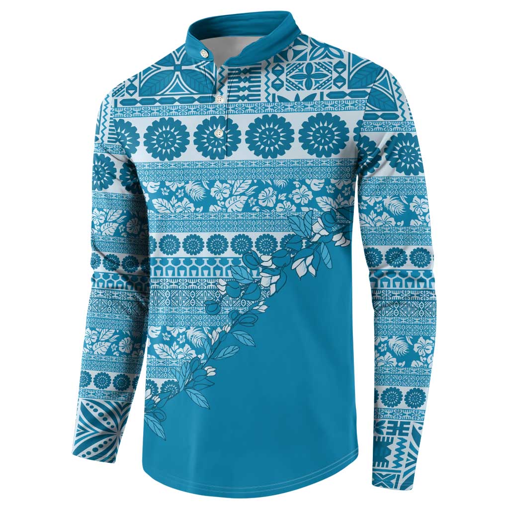 Fiji Marau na Kerisimasi Button Sweatshirt Aqua Tagimoucia Tapa Masi Tribal - Polynesian Pride